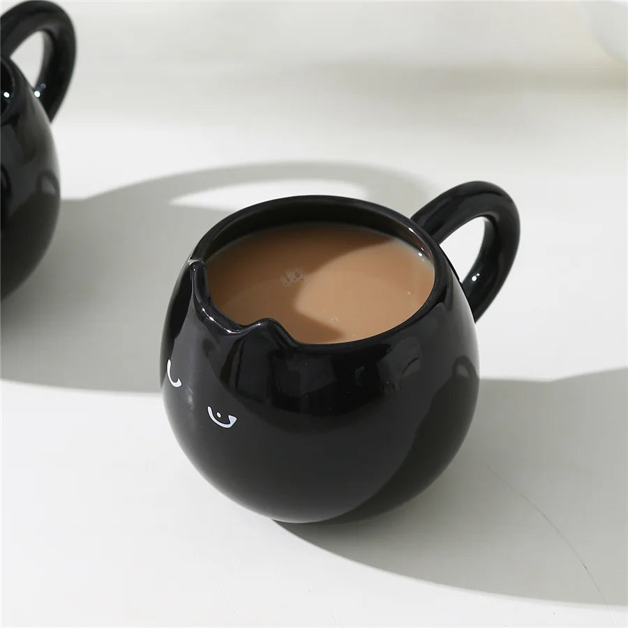 Pack of 4 Black Cat Mugs, Ceramic Cat Shaped Coffee Cup with Ears, Glossy Black Halloween & Everyday Mug, 13oz, 3.3in