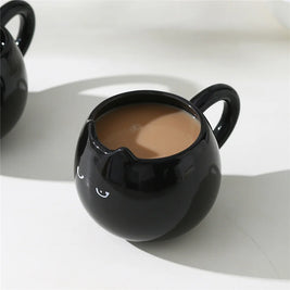 Pack of 4 Black Cat Mugs, Ceramic Cat Shaped Coffee Cup with Ears, Glossy Black Halloween & Everyday Mug, 13oz, 3.3in