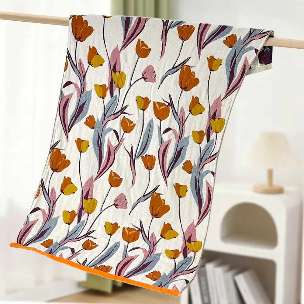 Floral Gauze Bath Towel, Lightweight Soft Absorbent Sauna, Gym & Shower Towel, Quick Dry, 5 Designs