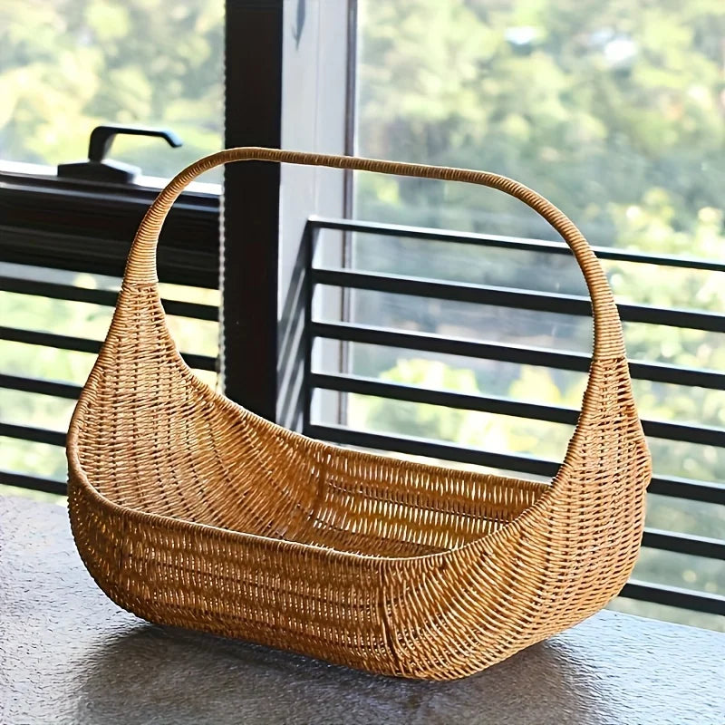 Rattan-Look Woven Basket with Handle, Trick-or-Treat Candy Basket, Picnic & Flower Basket, Natural Tan, 14.5in