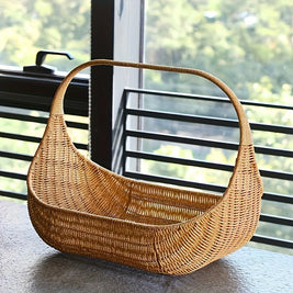 Rattan-Look Woven Basket with Handle, Trick-or-Treat Candy Basket, Picnic & Flower Basket, Natural Tan, 14.5in
