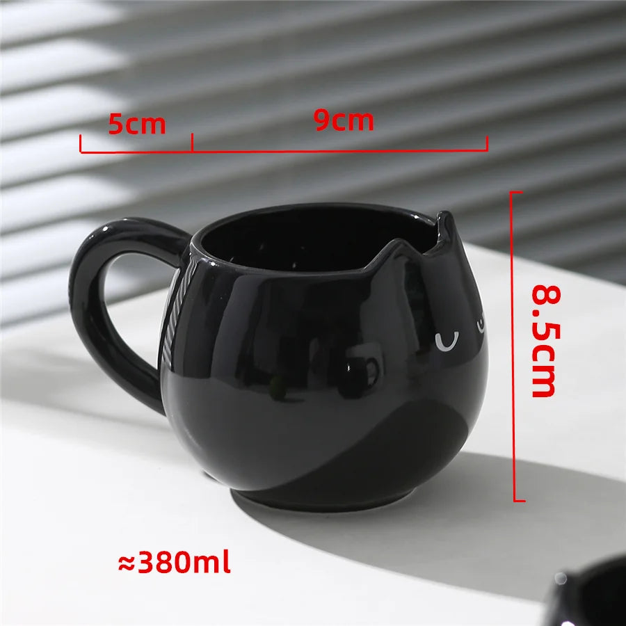 Pack of 4 Black Cat Mugs, Ceramic Cat Shaped Coffee Cup with Ears, Glossy Black Halloween & Everyday Mug, 13oz, 3.3in
