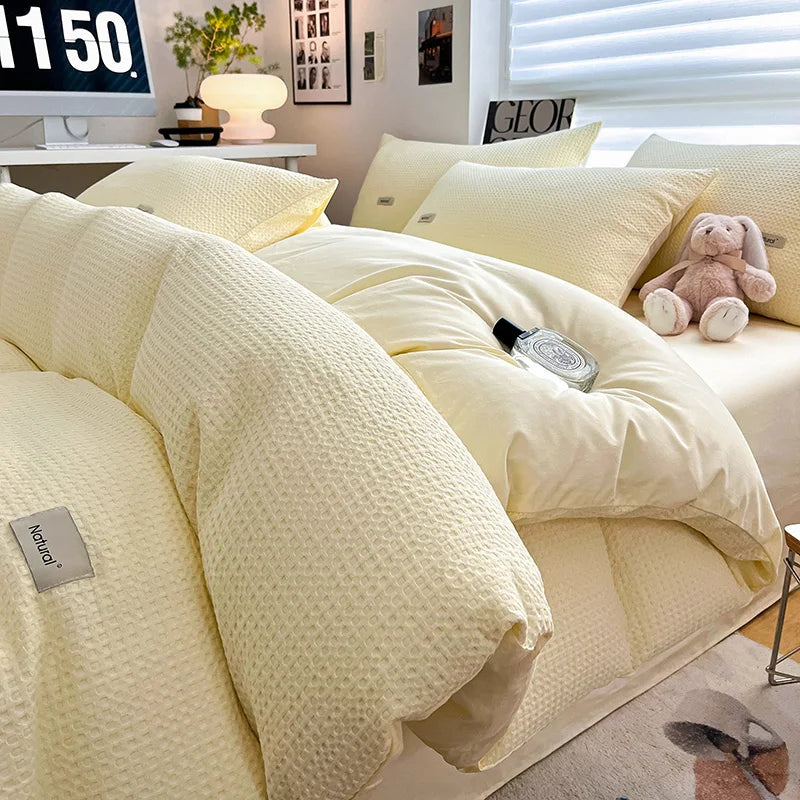 Waffle Weave Bedding Set of 4 with Duvet Cover, Flat Sheet & 2 Pillowcases, 100% Cotton, No Filling, 4 Colors, 2 Sizes