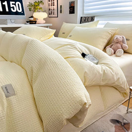 Waffle Weave Bedding Set of 4 with Duvet Cover, Flat Sheet & 2 Pillowcases, 100% Cotton, No Filling, 4 Colors, 2 Sizes