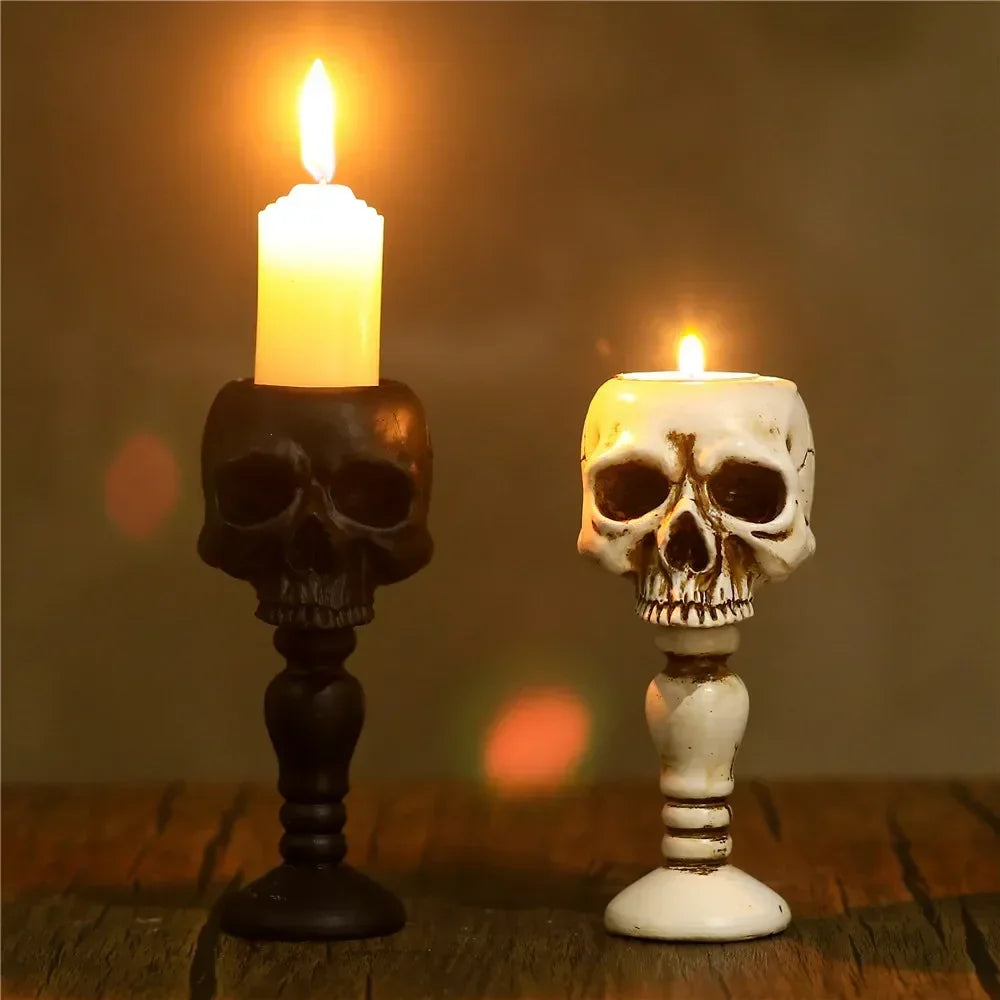Pack of 3 Resin Skull Candle Holder, Halloween Candlestick for Mantel & Dining Table, Gothic Pedestal, Black or Bone White, 5.9in
