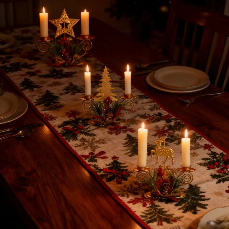 Christmas Candlestick Holders, Set of 3 Iron Taper Holders, Pine & Berry