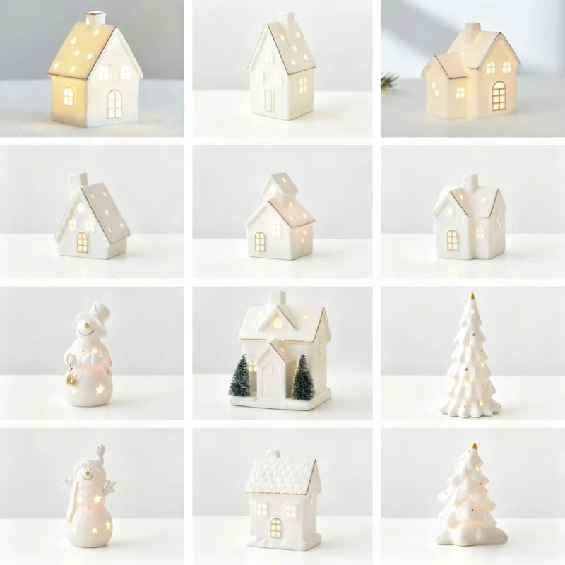 Ceramic Christmas Houses, Light Up White Village Set, Trees & Snowmen, LED
