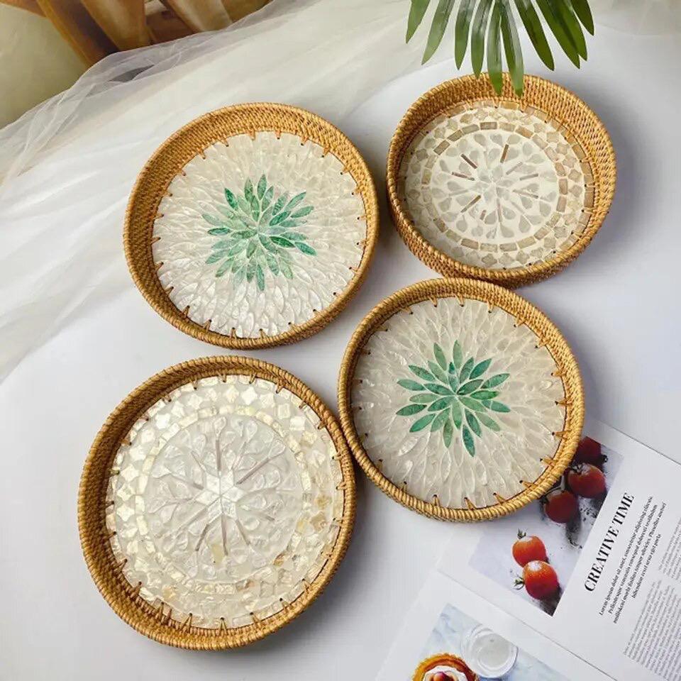 Rattan Serving Tray with Handles, Shell Inlay Coastal Tray, 2 Designs, 13in