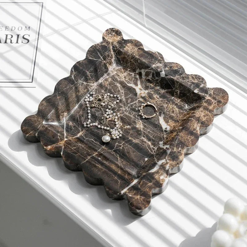 Travertine Jewelry Tray, Scalloped Square Perfume Tray for Dresser, 7.9in