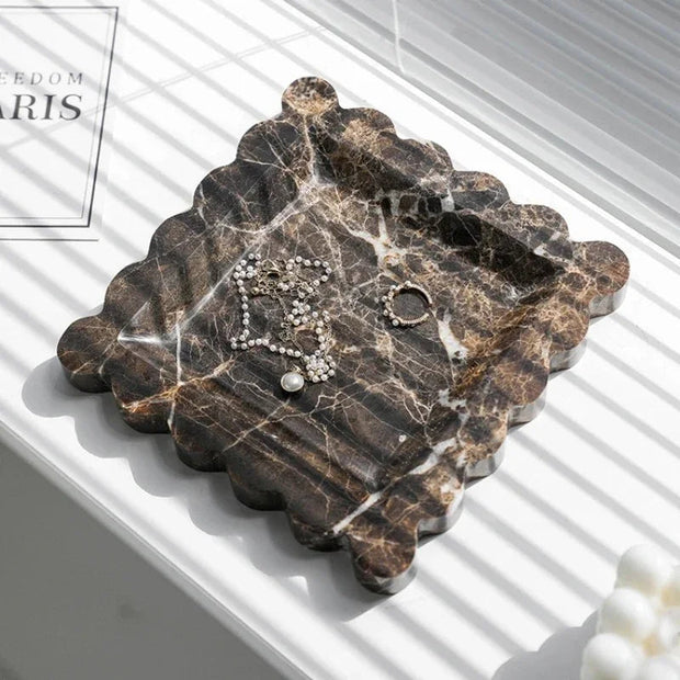 Travertine Jewelry Tray, Scalloped Square Perfume Tray for Dresser, 7.9in