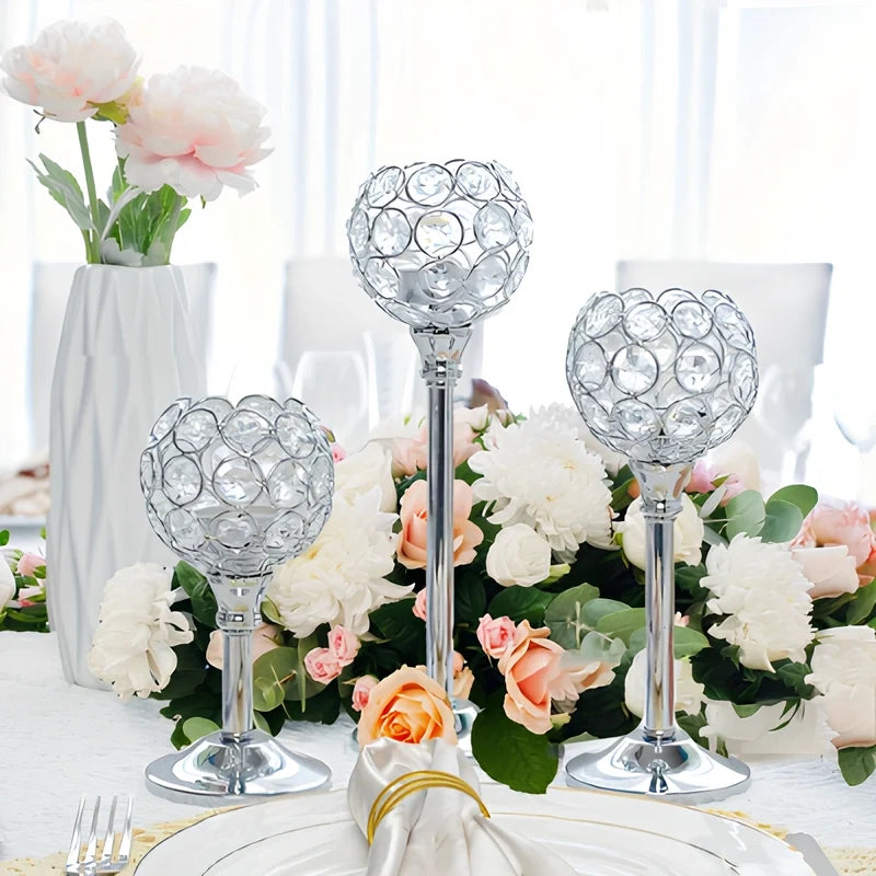 Glass Candle Holder, Crystal Look Beaded Globe on Stem, Gold or Silver