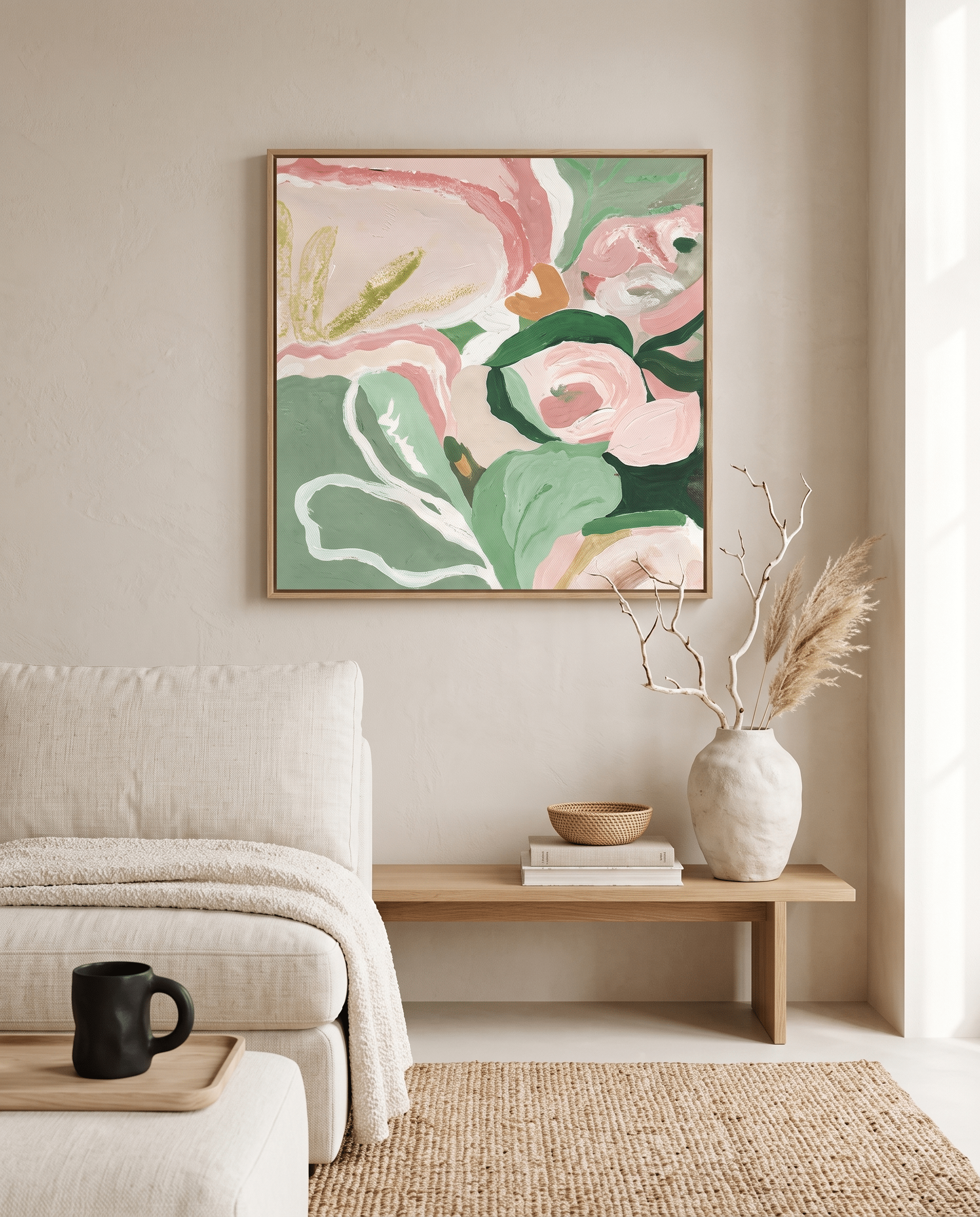 Abstract Bloem – Sage Groen & Roze Schilderij - Volsani