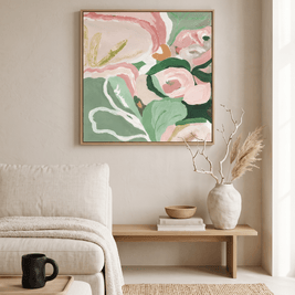 Abstract Bloem – Sage Groen & Roze Schilderij - Volsani