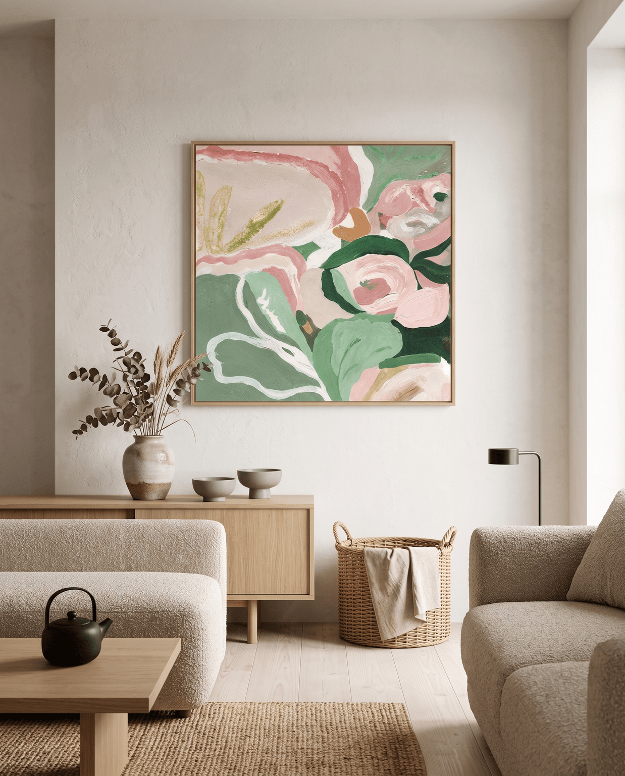 Abstract Bloem – Sage Groen & Roze Schilderij - Volsani