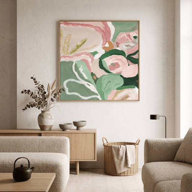 Abstract Bloem – Sage Groen & Roze Schilderij - Volsani