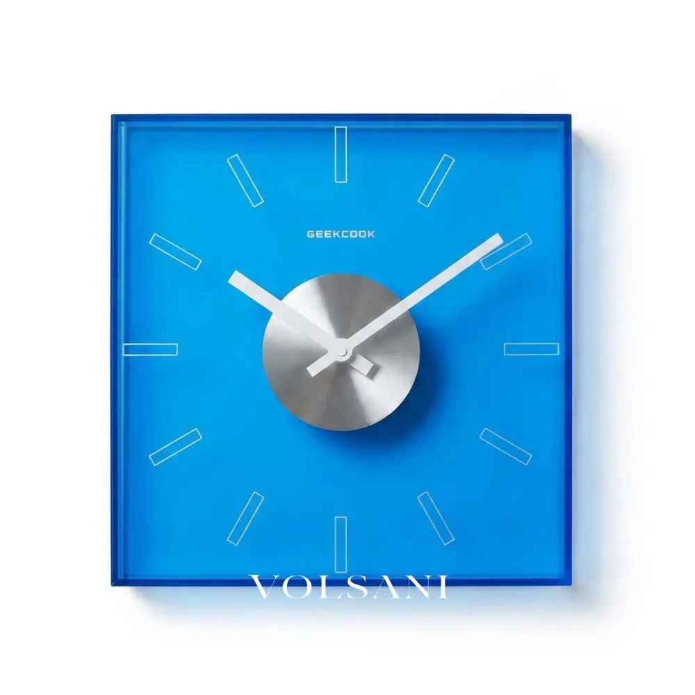 STIJN acrylic square wall clock in blue on white background