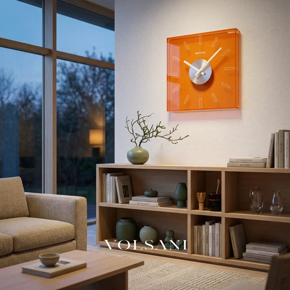 STIJN acrylic square wall clock above a bookshelf