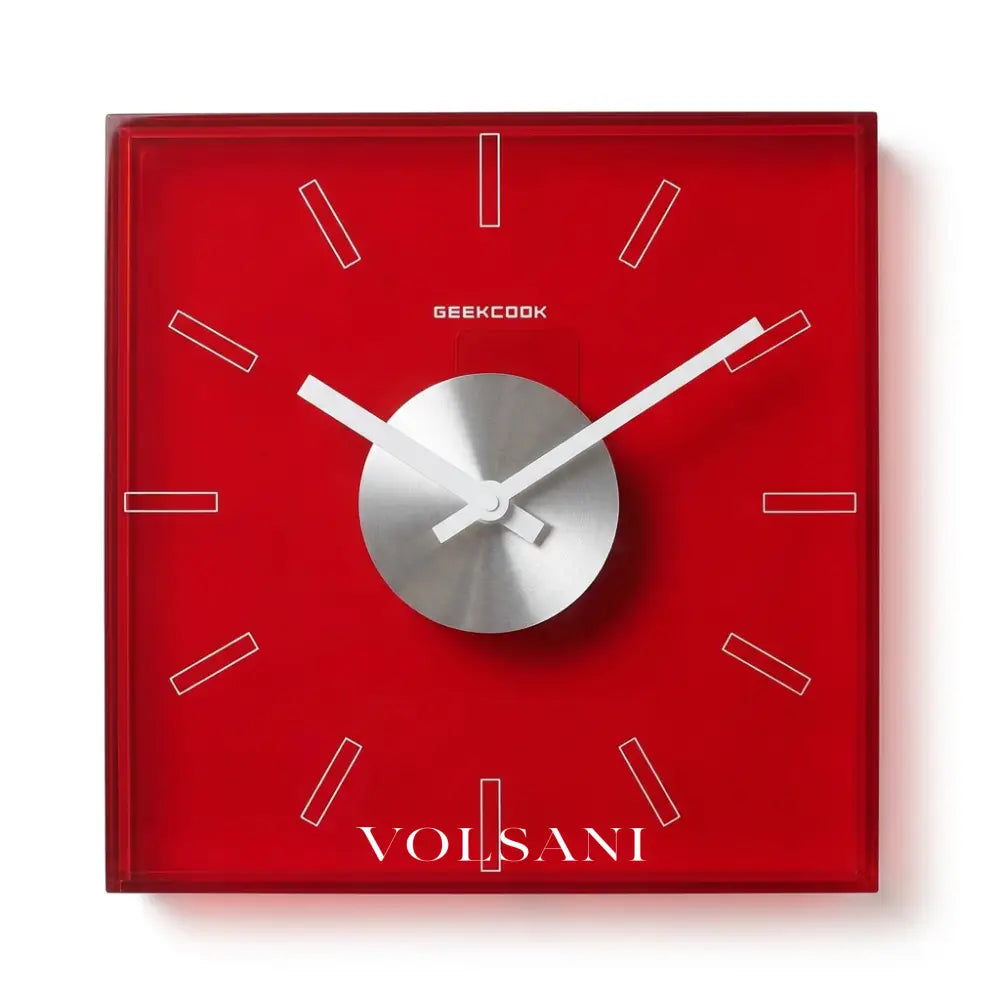 STIJN acrylic square wall clock in red on white background