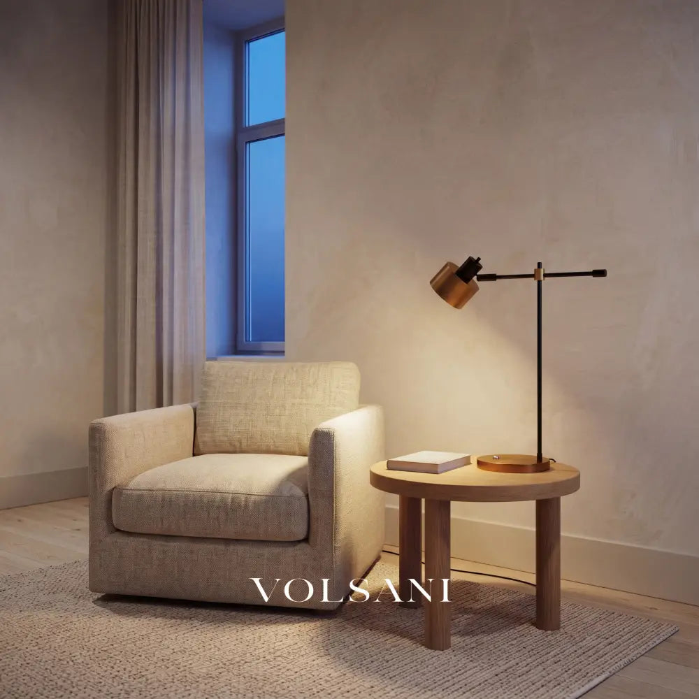 Adjustable iron lamp with rotating head lit in a Japandi reading nook at dusk