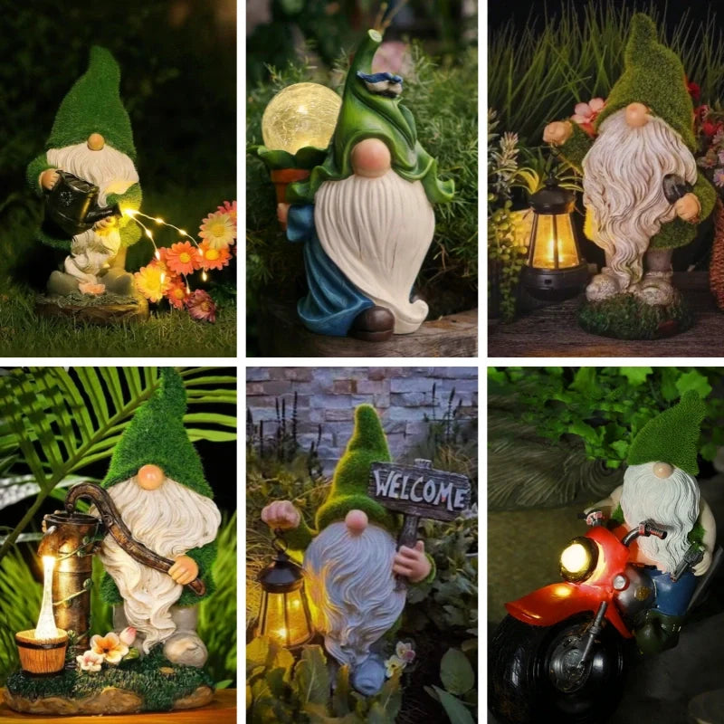 Solar Garden Gnomes, Light Up Resin Gnome Statues, Dusk Sensor, 6 Styles