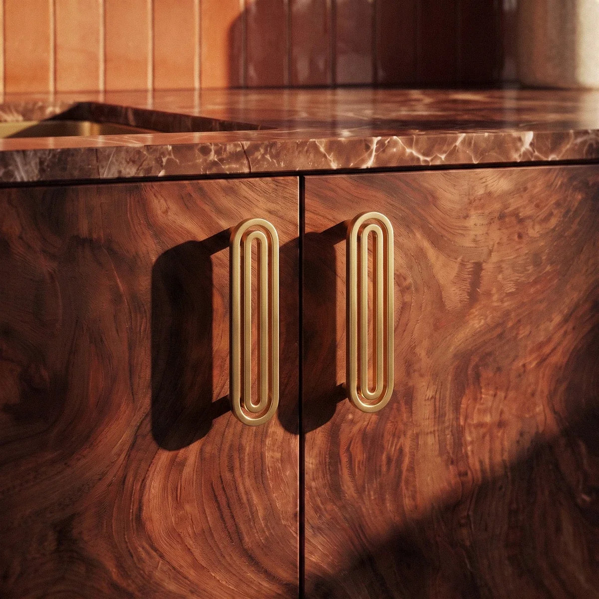 Brass Cabinet Knobs & Drawer Pulls, Gold-Tone Kitchen & Bathroom Hardware, Smooth Rounded Surface, Set of 2, 1.6in Knob & 3.8-5in Bars