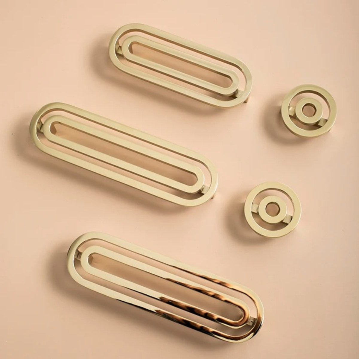 Brass Cabinet Knobs & Drawer Pulls, Gold-Tone Kitchen & Bathroom Hardware, Smooth Rounded Surface, Set of 2, 1.6in Knob & 3.8-5in Bars