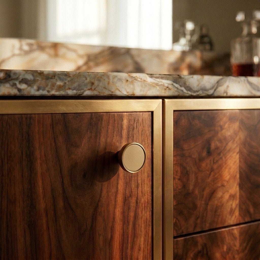 Leather-Wrapped Brass Cabinet Knobs & Pulls, Modern Kitchen & Wardrobe Hardware, Stitched Cylindrical Grip, Set of 2 Pieces, 0.8-6.2in