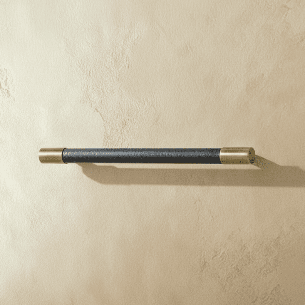 Leather-Wrapped Brass Cabinet Knobs & Pulls, Modern Kitchen & Wardrobe Hardware, Stitched Cylindrical Grip, Set of 2 Pieces, 0.8-6.2in