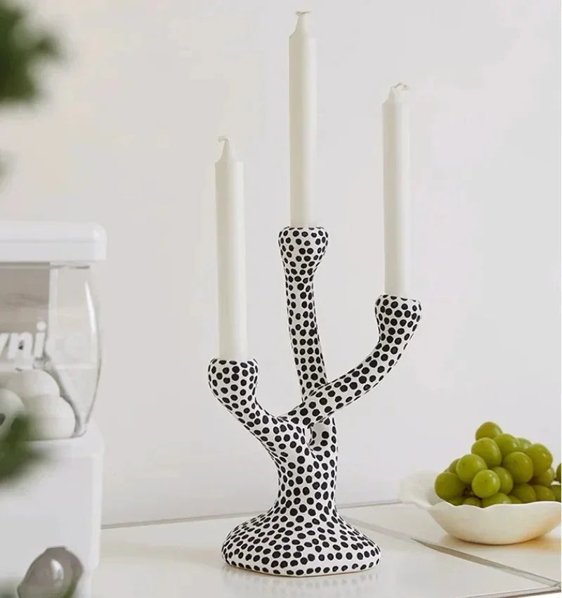 Ceramic Polka Dot Candle Holder, Black Dot Taper Candlestick, Glazed 10.6in