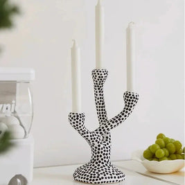 Ceramic Polka Dot Candle Holder, Black Dot Taper Candlestick, Glazed 10.6in