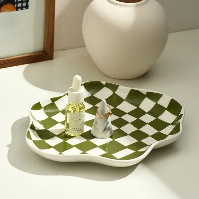 Checkered Ceramic Tray, Round Catchall Tray & Retro Serving Plate, 9.1in