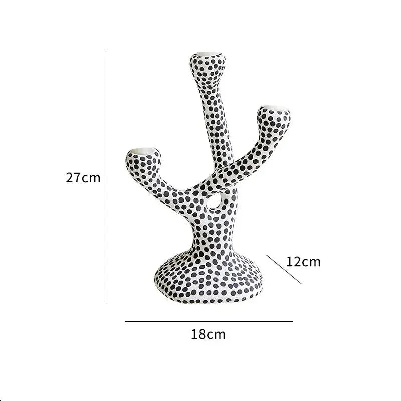 Ceramic Polka Dot Candle Holder, Black Dot Taper Candlestick, Glazed 10.6in
