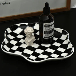 Checkered Ceramic Tray, Round Catchall Tray & Retro Serving Plate, 9.1in