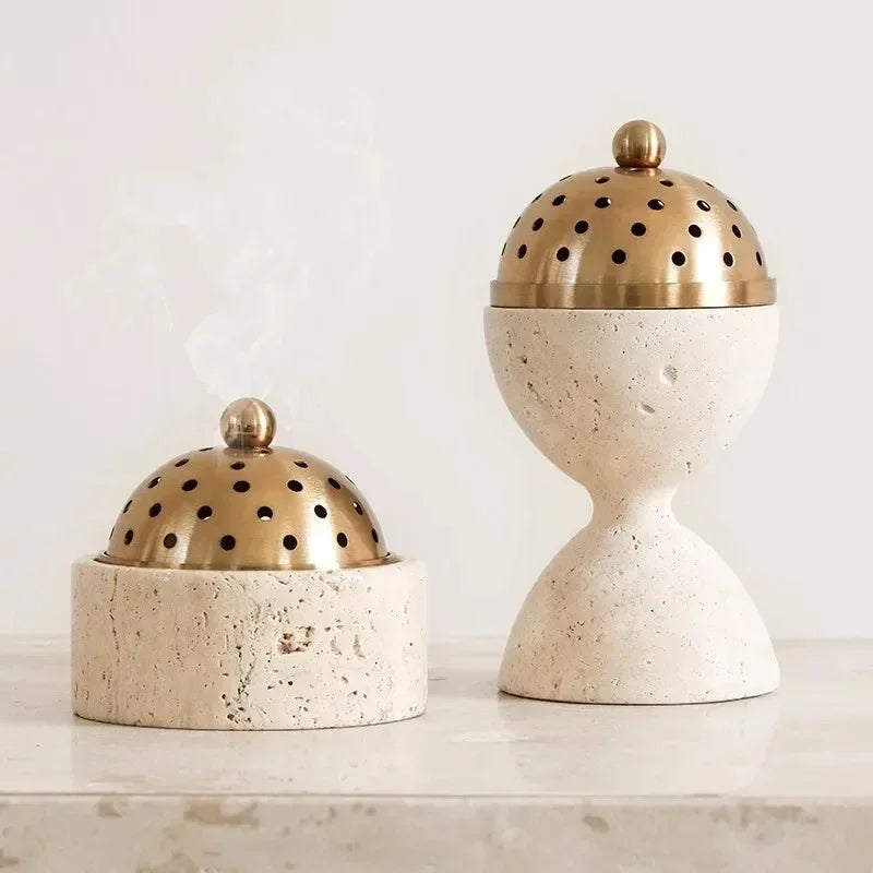 Travertine Incense Burner with Perforated Dome Lid, Gold Tone, 3.9-6.9in