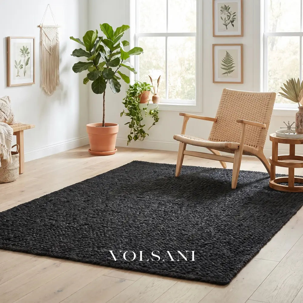 Black Jute Rug with Chunky Braided Weave Handwoven Living Room & Hallway Rug Natural Fiber 19 Sizes 23-118in - Decor >