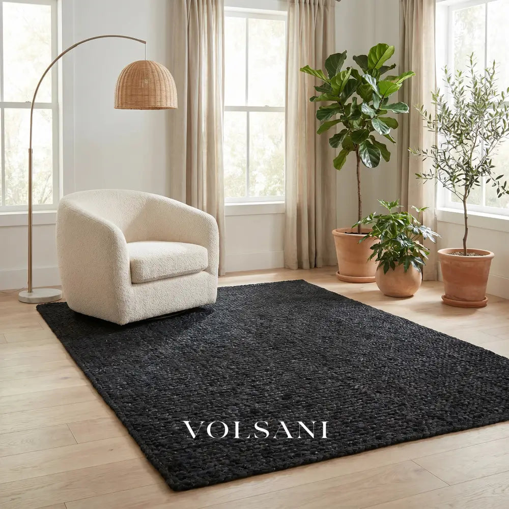 Black Jute Rug with Chunky Braided Weave Handwoven Living Room & Hallway Rug Natural Fiber 19 Sizes 23-118in - Decor >