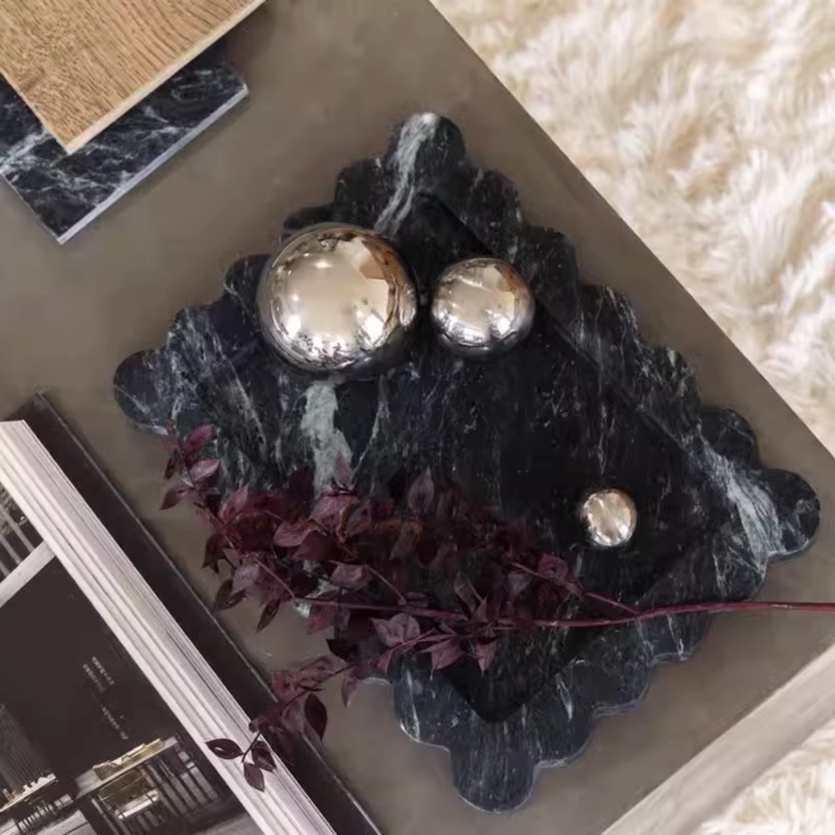 Scalloped Marble Tray, Rectangle Jewelry & Perfume Tray, Dresser, 6.7-11in