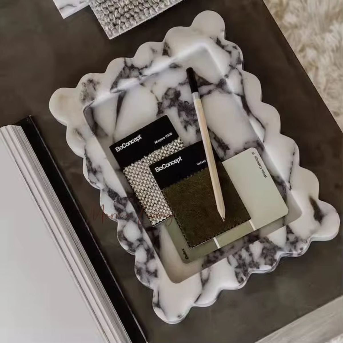 Scalloped Marble Tray, Rectangle Jewelry & Perfume Tray, Dresser, 6.7-11in