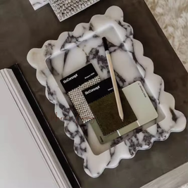 Scalloped Marble Tray, Rectangle Jewelry & Perfume Tray, Dresser, 6.7-11in