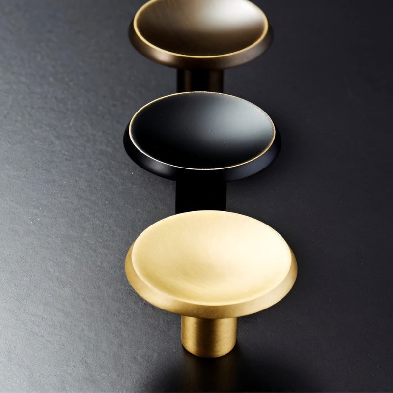 Round Brass Cabinet Knobs, Minimalist Kitchen & Wardrobe Hardware, Concave Chamfered Face, Set of 2, 1.1in Diameter