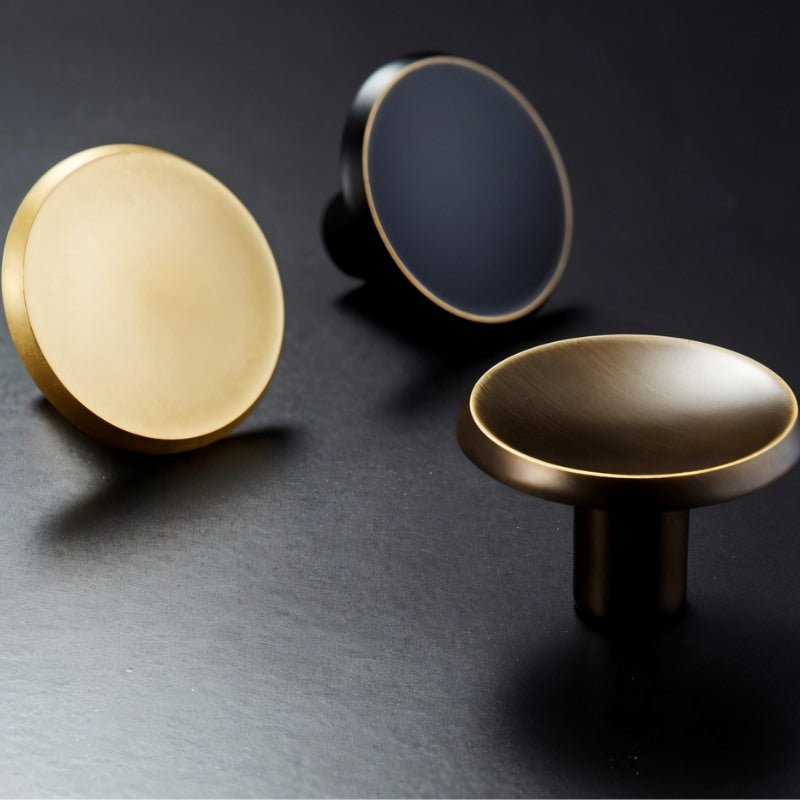 Round Brass Cabinet Knobs, Minimalist Kitchen & Wardrobe Hardware, Concave Chamfered Face, Set of 2, 1.1in Diameter