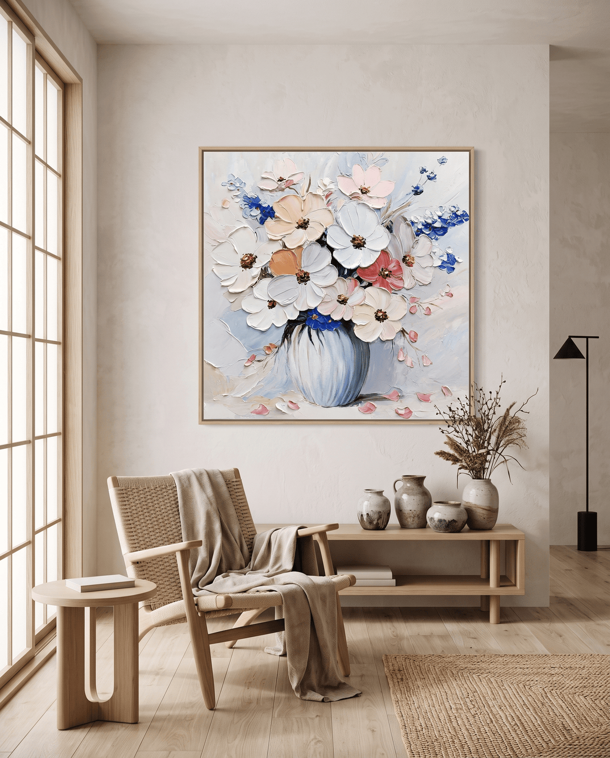 Bloemenboeket in Blauwe Vaas – Impasto Schilderij - Volsani