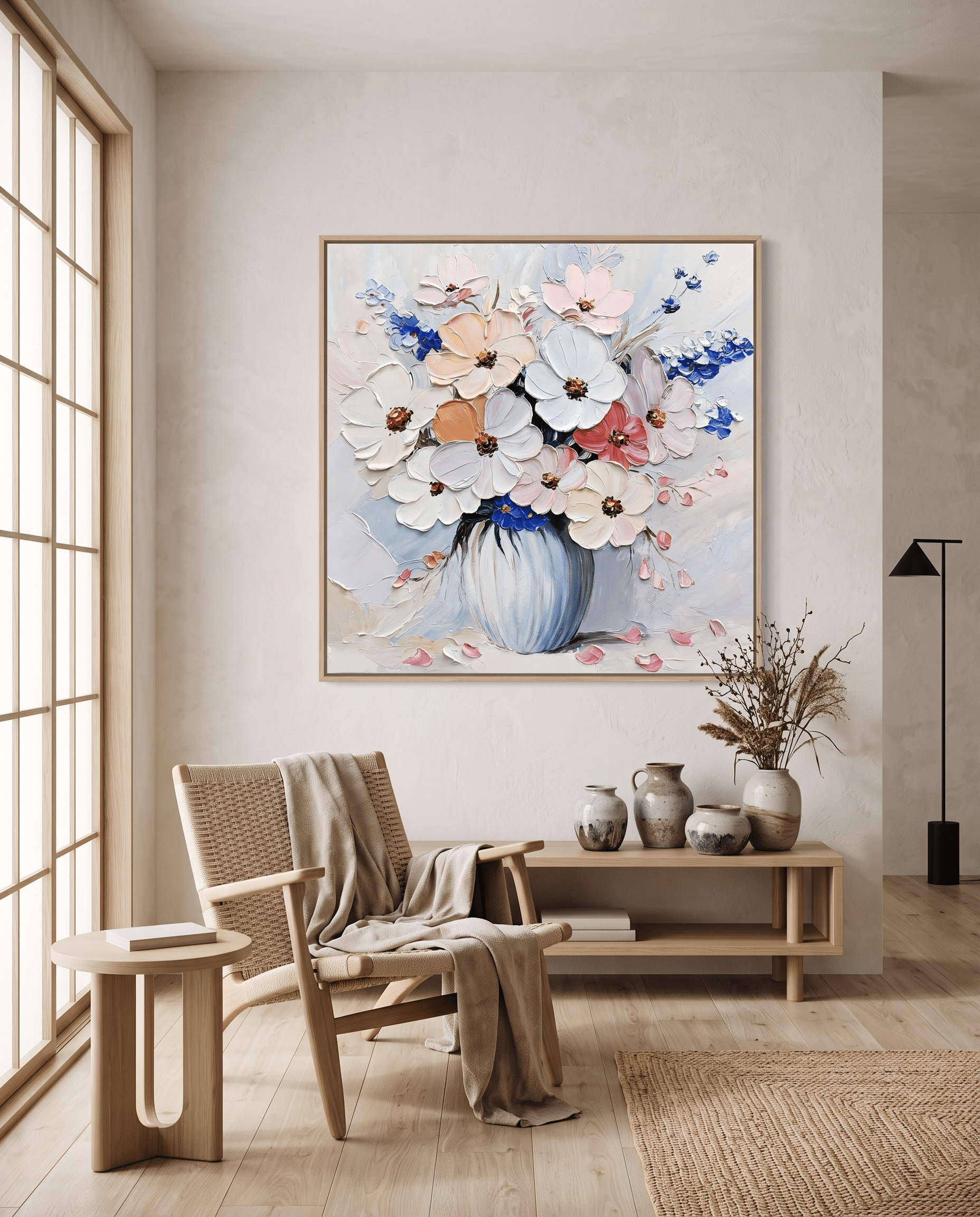 Bloemenboeket in Blauwe Vaas – Impasto Schilderij - Volsani