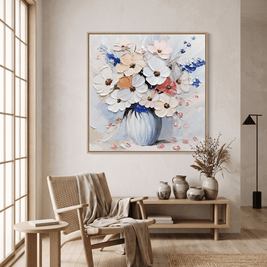 Bloemenboeket in Blauwe Vaas – Impasto Schilderij - Volsani