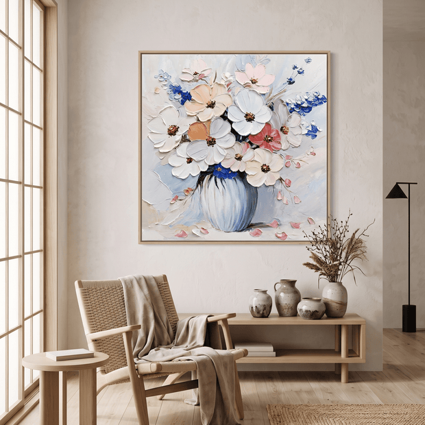 Bloemenboeket in Blauwe Vaas – Impasto Schilderij - Volsani