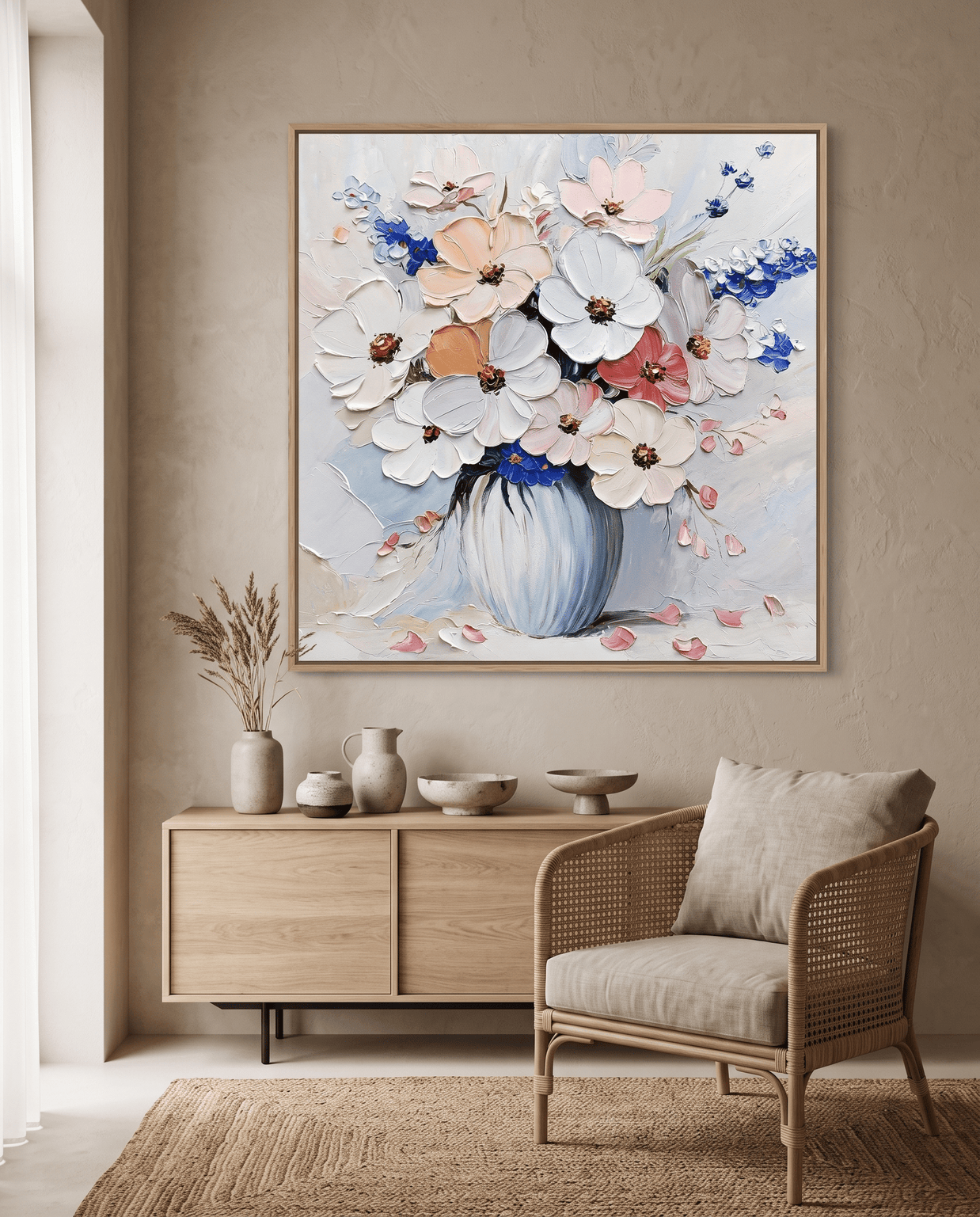 Bloemenboeket in Blauwe Vaas – Impasto Schilderij - Volsani