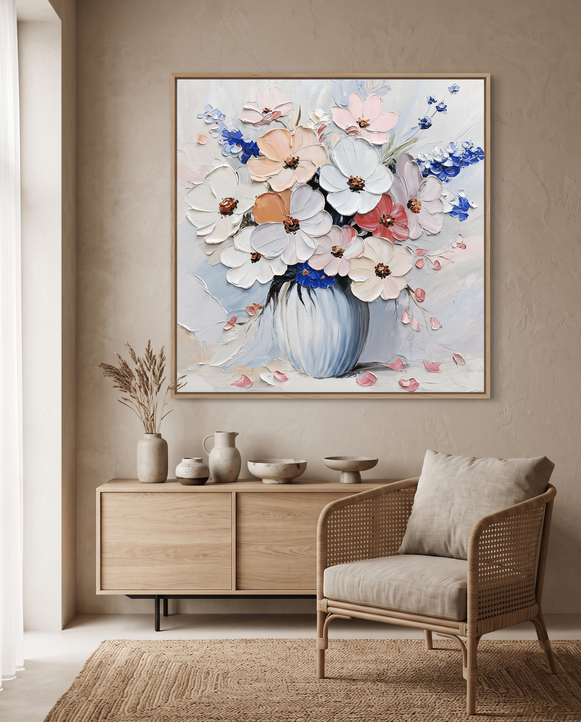 Bloemenboeket in Blauwe Vaas – Impasto Schilderij - Volsani