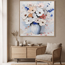 Bloemenboeket in Blauwe Vaas – Impasto Schilderij - Volsani