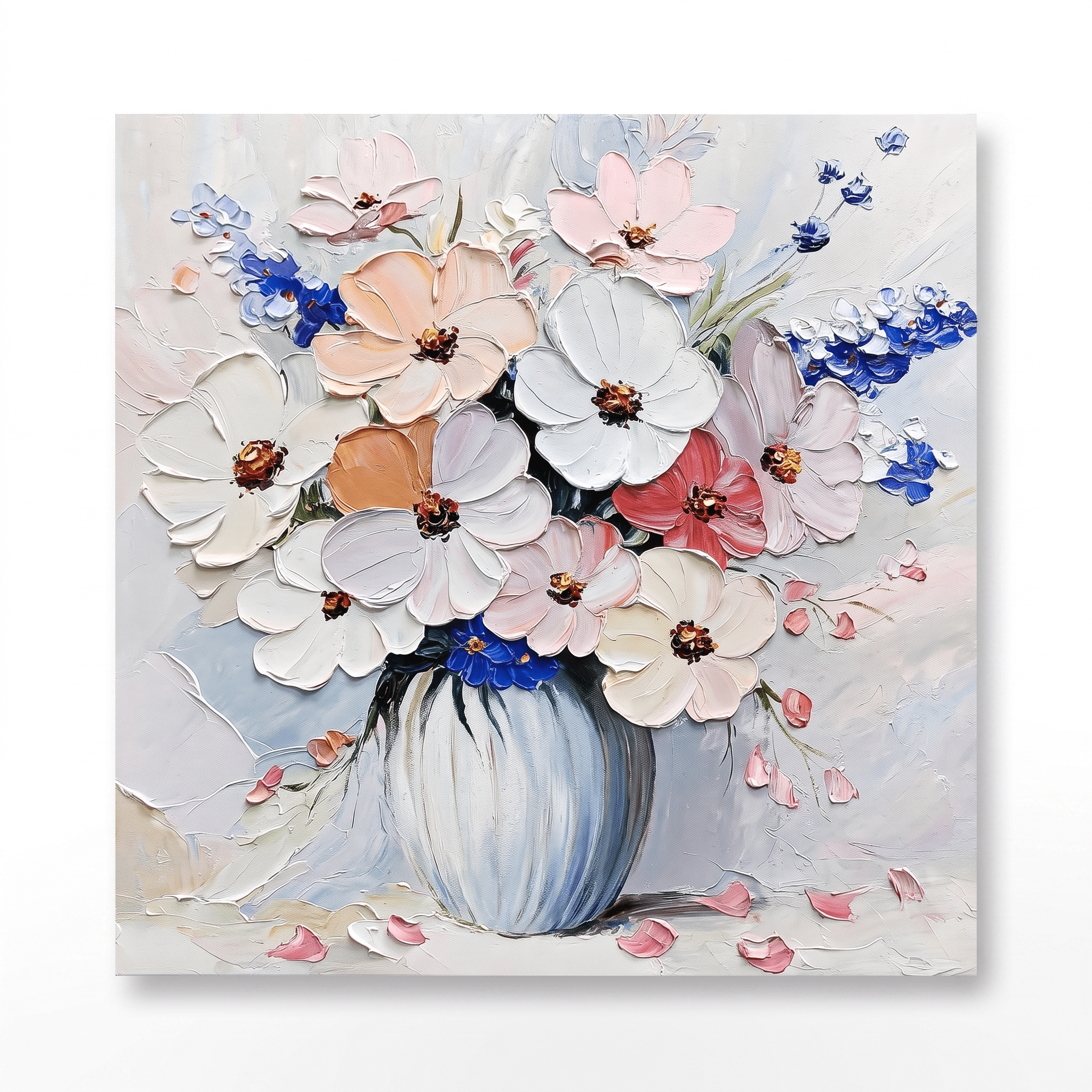 Bloemenboeket in Blauwe Vaas – Impasto Schilderij - Volsani