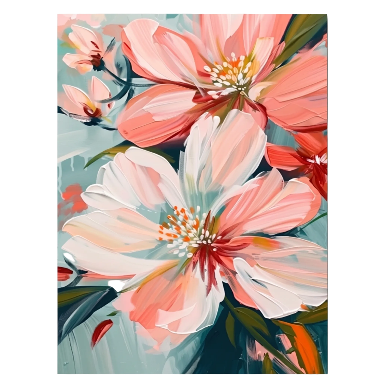Blush Roze Bloemen op Teal – Bloemschilderij - Volsani